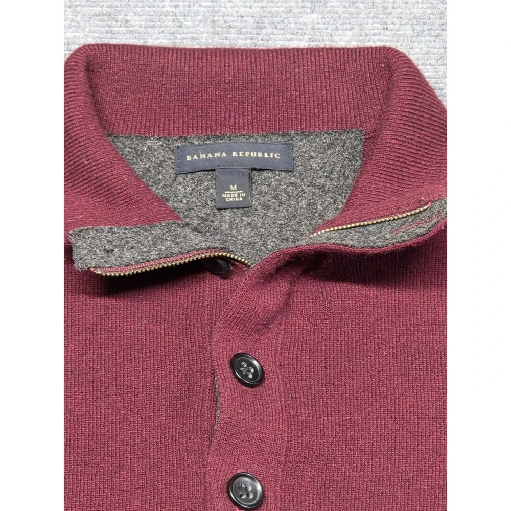 Banana Republic Merino Wool Sweater Men Medium Red Button Mock Neck Pullover